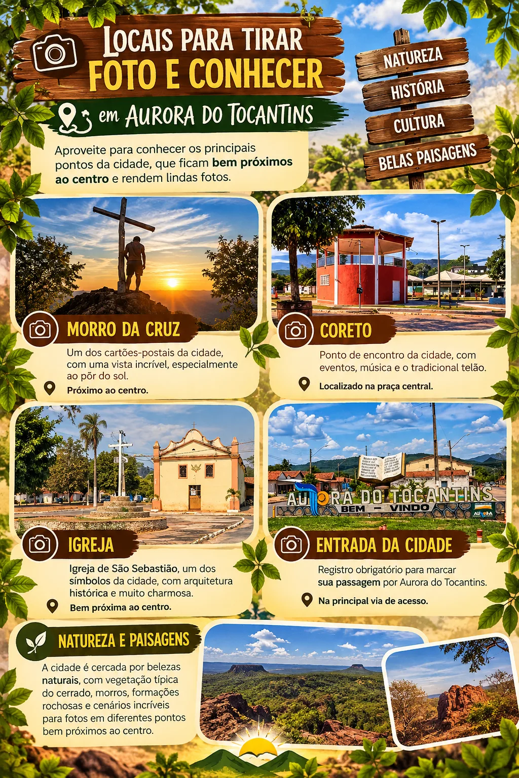 Infográfico: locais para tirar foto em Aurora do Tocantins